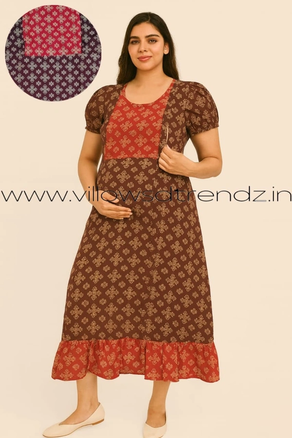 Ruthvi Ethnics Maternity Maxi|Feeding Maxi| Frock Nighty| Night Gown| Nighty| Invisible Zip on Both Sides| Back side adjustable Knot| Brown | FF2600010 - Bust: 46|Ht: 47 (3XL), Brown