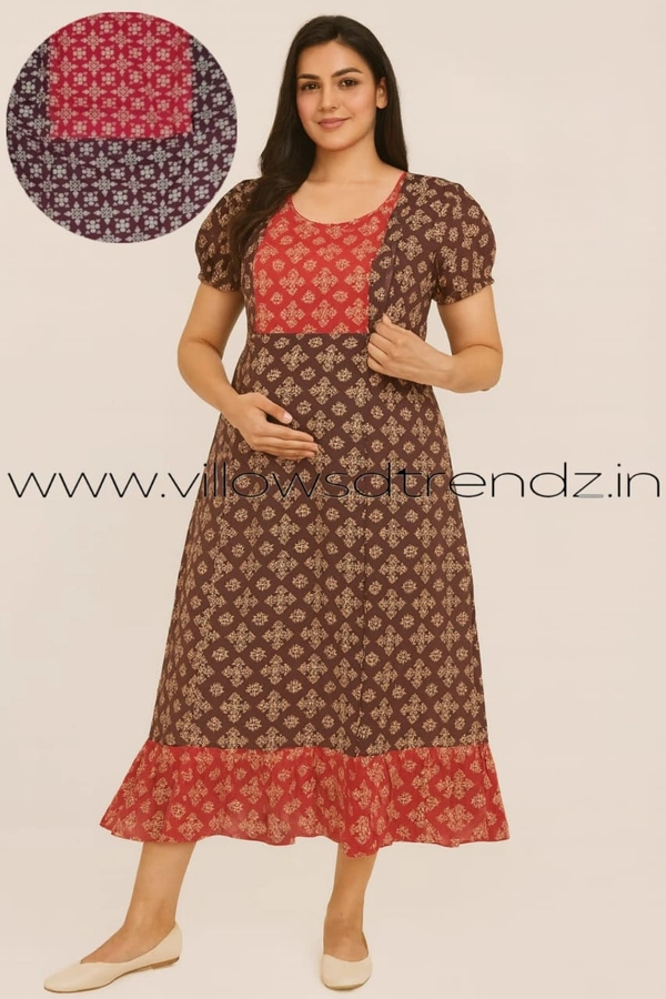 Ruthvi Ethnics Maternity Maxi|Feeding Maxi| Frock Nighty| Night Gown| Nighty| Invisible Zip on Both Sides| Back side adjustable Knot| Maroon | FF260007 - Bust: 43|Ht: 45.5(XL), Maroon