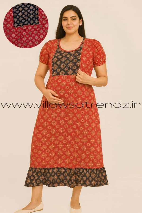 Ruthvi Ethnics Maternity Maxi|Feeding Maxi| Frock Nighty| Night Gown| Nighty| Invisible Zip on Both Sides| Back side adjustable Knot| Red | FF260008 - Bust: 45|Ht: 46.5(2XL), Red