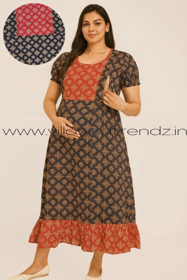 Ruthvi Ethnics Maternity Maxi|Feeding Maxi| Frock Nighty| Night Gown| Nighty| Invisible Zip on Both Sides| Back side adjustable Knot| Black | FF260009 - Bust: 44|Ht: 46(XXL), Black