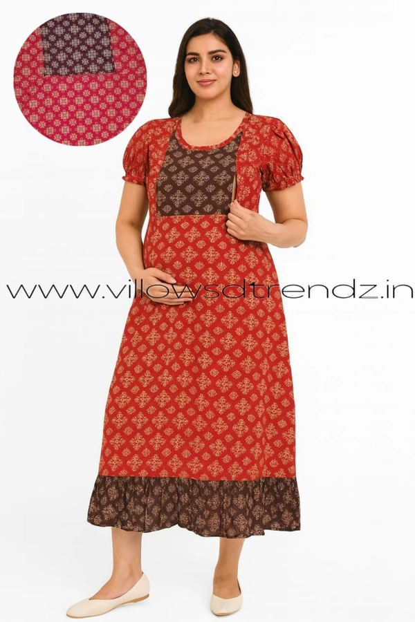 Ruthvi Ethnics Maternity Maxi|Feeding Maxi| Frock Nighty| Night Gown| Nighty| Invisible Zip on Both Sides| Back side adjustable Knot| Red | FF260004 - Bust: 44|Ht: 45(XXL), Red