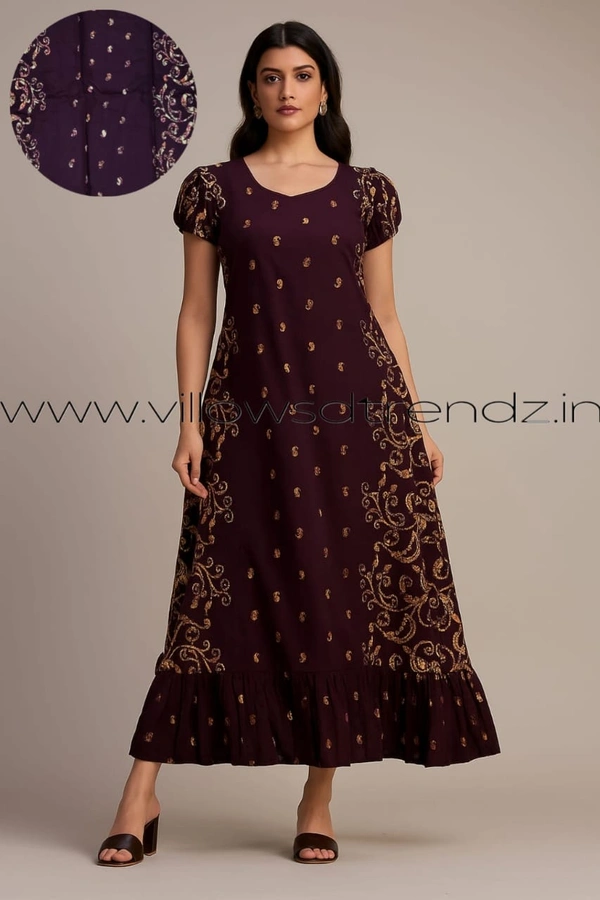Ruthvi Ethnics Maxi| Frock Nighty| Night Gown| Nighty| Designer Neck Pattern| Back side adjustable Knot| Plum| FN25060 - Bust: 44|Ht: 45 (2XL), Plum