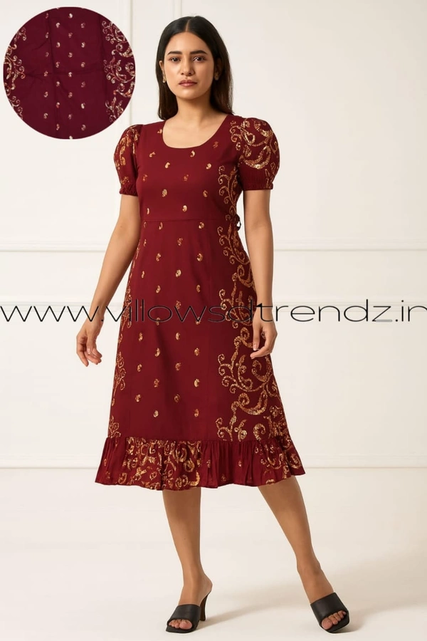 Ruthvi Ethnics Maxi| Frock Nighty| Night Gown| Nighty| Designer Neck Pattern| Back side adjustable Knot| Maroon| FN25063 - Bust: 45|Ht: 44.5 (3XL), Maroon