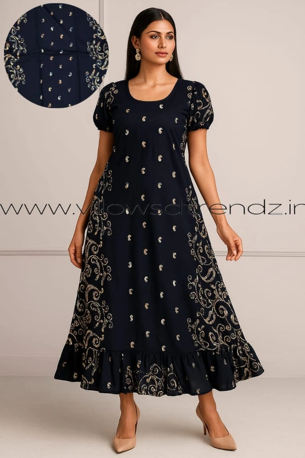 Ruthvi Ethnics Maxi| Frock Nighty| Night Gown| Nighty| Designer Neck Pattern| Back side adjustable Knot| Navy Blue|FN25061 - Bust: 46|Ht: 45 (3XL), Navy Blue