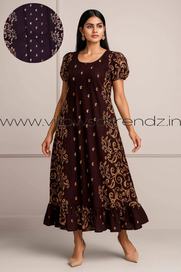 Ruthvi Ethnics Maxi| Frock Nighty| Night Gown| Nighty| Designer Neck Pattern| Back side adjustable Knot| Wine| FN25062 - Bust: 45|Ht: 44.5 (3XL), Wine
