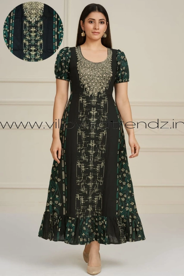 Ruthvi Ethnics Maxi| Frock Nighty| Night Gown| Nighty| Designer Neck Pattern| Back side adjustable Knot| Green| FN25067 - Bust: 42|Ht: 45.5 (XL), Green