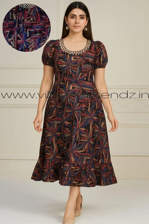 Ruthvi Ethnics Maxi| Frock Nighty| Night Gown| Nighty| Designer Neck Pattern| Back side adjustable Knot| Rani Pink Mix| FN25065 - Bust: 41|Ht: 44.5 (L), Rani Pink Mix