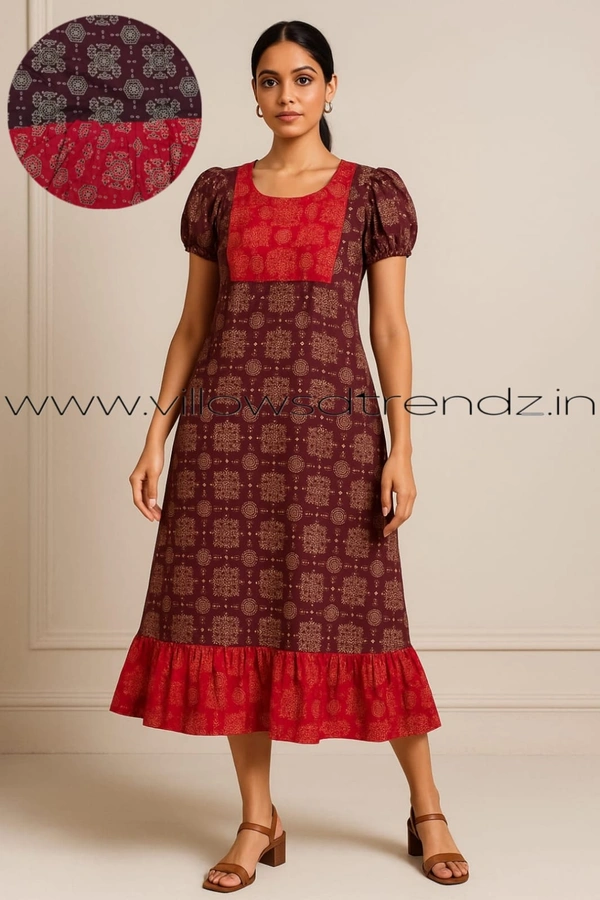 Ruthvi Ethnics Maxi| Frock Nighty| Night Gown| Nighty| Designer Neck Pattern| Back side adjustable Knot| Maroon| FN25070 - Bust: 43|Ht: 46 (XL), Maroon