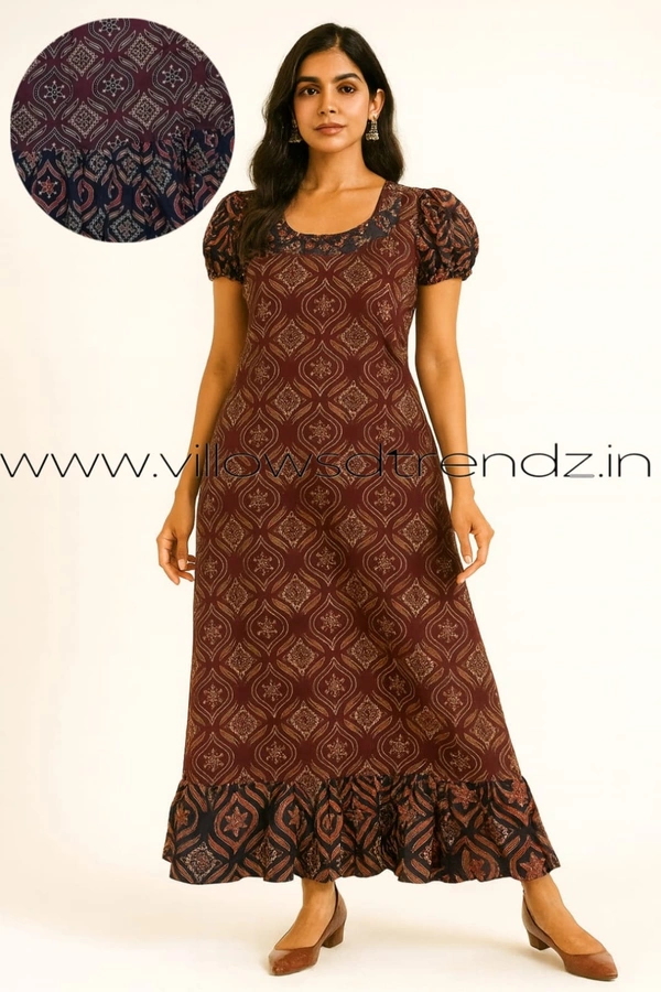 Ruthvi Ethnics Maxi| Frock Nighty| Night Gown| Nighty| Designer Neck Pattern| Back side adjustable Knot| Maroon| FN25072 - Bust: 43|Ht: 46 (XL), Maroon