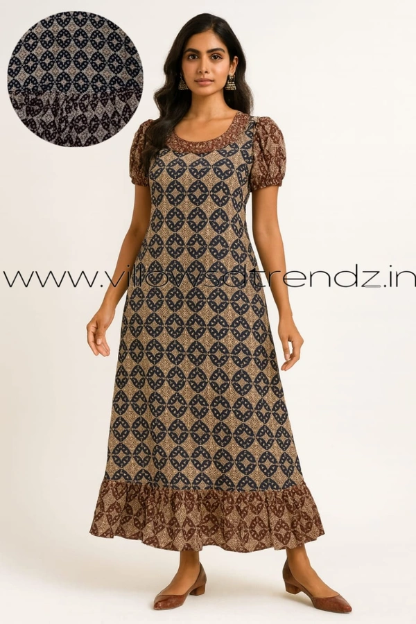 Ruthvi Ethnics Maxi| Frock Nighty| Night Gown| Nighty| Designer Neck Pattern| Back side adjustable Knot| Half brown | FN25078 - Bust: 42|Ht: 46 (XL), Half brown