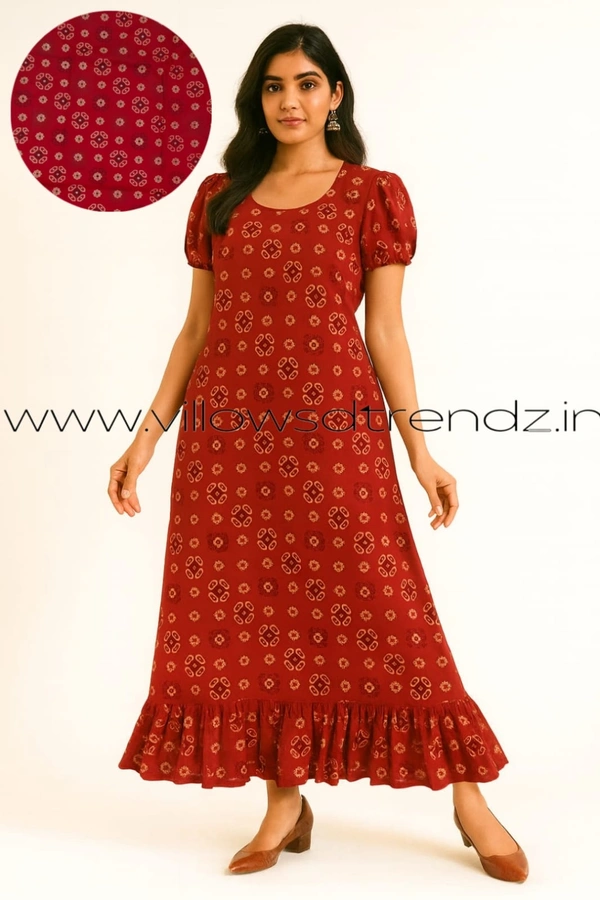 Ruthvi Ethnics Maxi| Frock Nighty| Night Gown| Nighty| Designer Neck Pattern| Back side adjustable Knot| Red | FN25076 - Bust: 43|Ht: 47 (XL), Red
