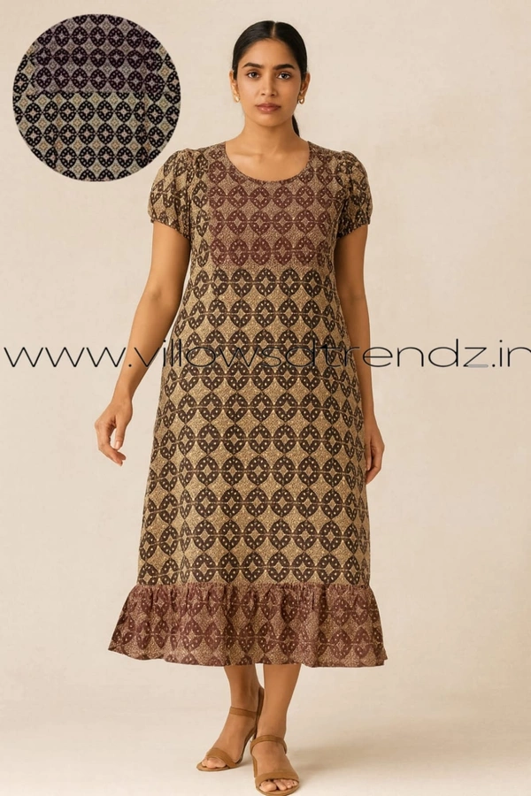 Ruthvi Ethnics Maxi| Frock Nighty| Night Gown| Nighty| Designer Neck Pattern| Back side adjustable Knot| Half brown | FN25079 - Bust: 43|Ht: 45 (XL), Half brown