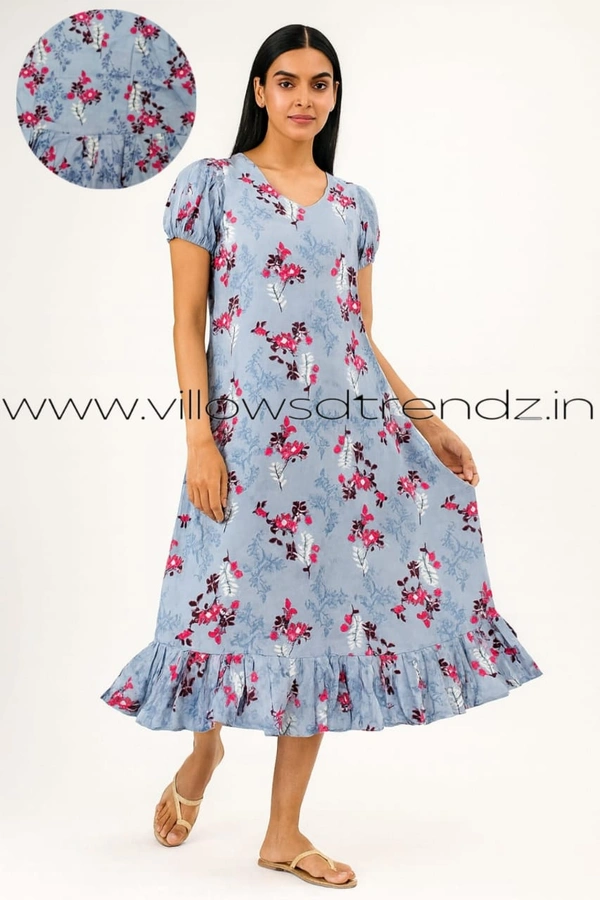 Ruthvi Ethnics Maxi| Frock Nighty| Night Gown| Nighty| Designer Neck Pattern| Back side adjustable Knot| Sky blue | FN240103 - Bust: 52|Ht: 48 (6XL), Sky blue