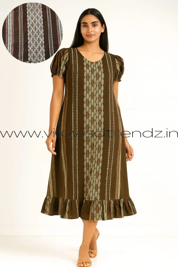 Ruthvi Ethnics Maxi| Frock Nighty| Night Gown| Nighty| Designer Neck Pattern| Back side adjustable Knot| Mehandi green | FN240090 - Bust: 50|Ht: 48 (5XL), Mehandi green