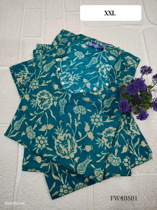 Twill Blue Muslin Kurti With Silver Zari Embrodiery FW40501 - 2xl, Green