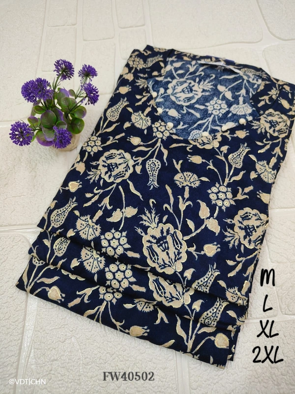 Twill Blue Muslin Kurti With Silver Zari Embrodiery FW40502 - 2XL, Dark Blue