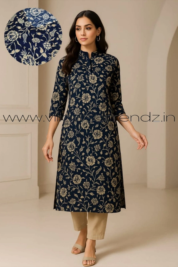 Twill Blue Muslin Kurti With Silver Zari Embrodiery FW40502 - Dark Blue, L