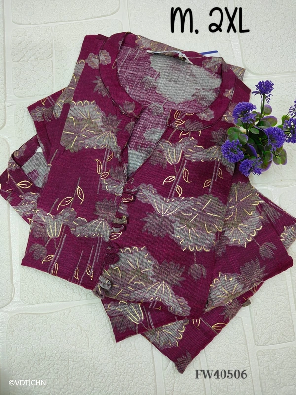Twill Blue Muslin Kurti With Silver Zari Embrodiery FW40506 - M, Onion Pink