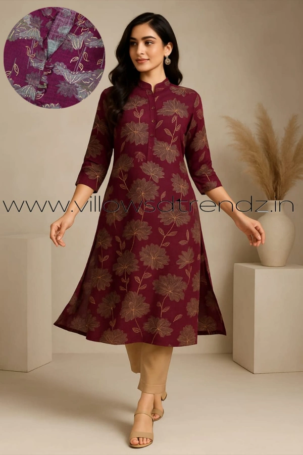Twill Blue Muslin Kurti With Silver Zari Embrodiery FW40506 - Onion Pink, M