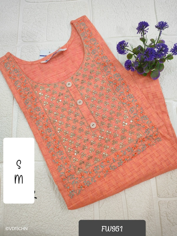 Twill Blue Muslin Kurti With Silver Zari Embrodiery FW951 - M, Light Orange