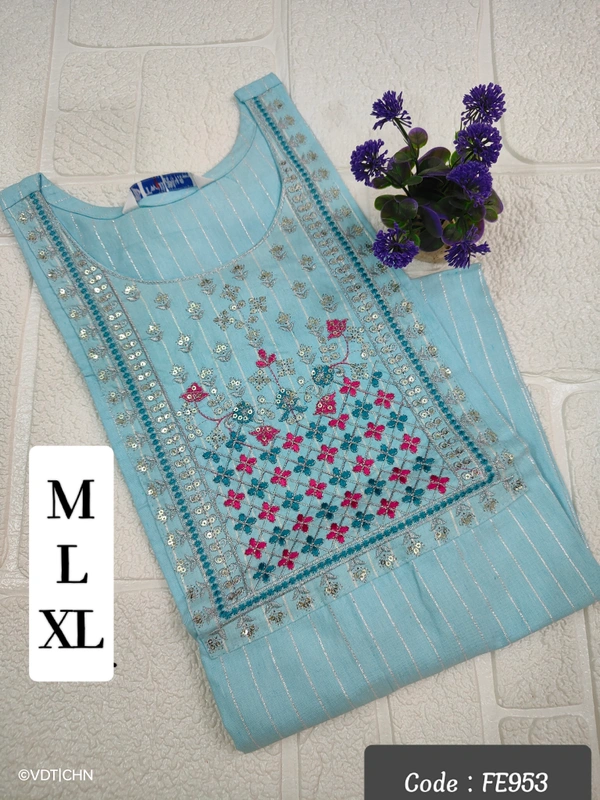 Twill Blue Muslin Kurti With Silver Zari Embrodiery FW953 - XL, Sky Blue