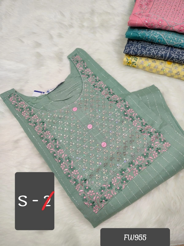 Twill Blue Muslin Kurti With Silver Zari Embrodiery FW955 - S, Peach Green