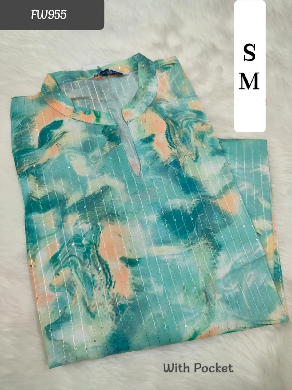 Twill Blue Muslin Kurti With Silver Zari Embrodiery FW955 - S, Green