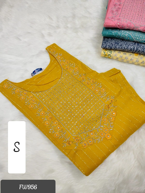 Twill Blue Muslin Kurti With Silver Zari Embrodiery FW956 - S, Yellow