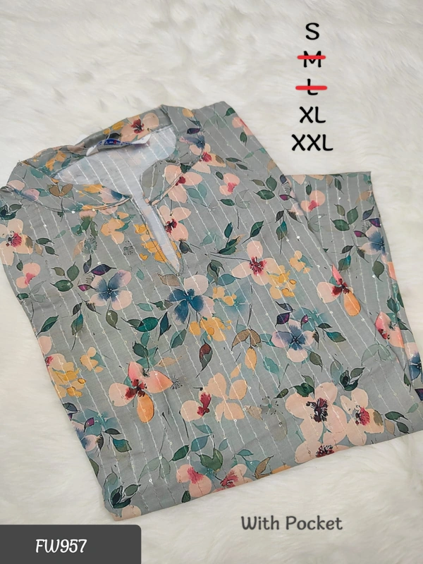 Twill Blue Muslin Kurti With Silver Zari Embrodiery FW957 - XL, Grey