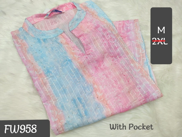 Twill Blue Muslin Kurti With Silver Zari Embrodiery FW958 - M, Blue With Pink