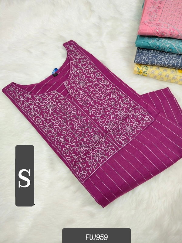 Twill Blue Muslin Kurti With Silver Zari Embrodiery FW959 - S, Dark Pink