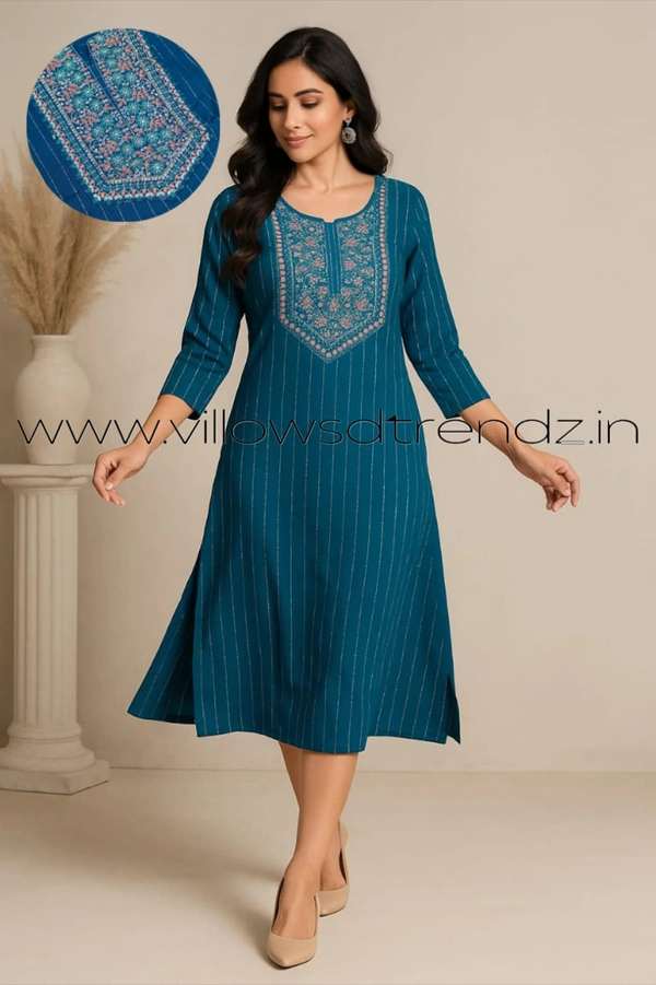 Twill Blue Muslin Kurti With Silver Zari Embrodiery FW961 - Blue, S