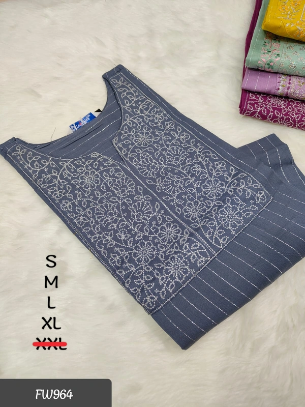 Twill Blue Muslin Kurti With Silver Zari Embrodiery FW964 - L, Grey