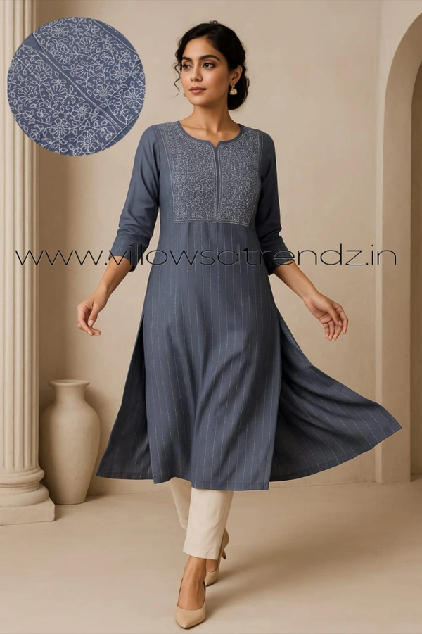 Twill Blue Muslin Kurti With Silver Zari Embrodiery FW964 - Grey, XL