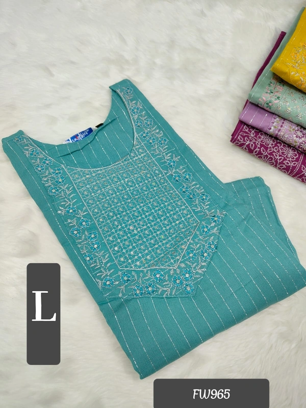 Twill Blue Muslin Kurti With Silver Zari Embrodiery FW965 - L, Sky Blue