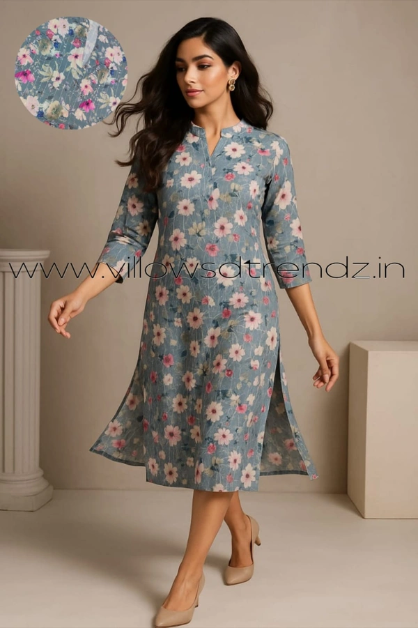 Twill Blue Muslin Kurti With Silver Zari Embrodiery FW966 - Grey, L
