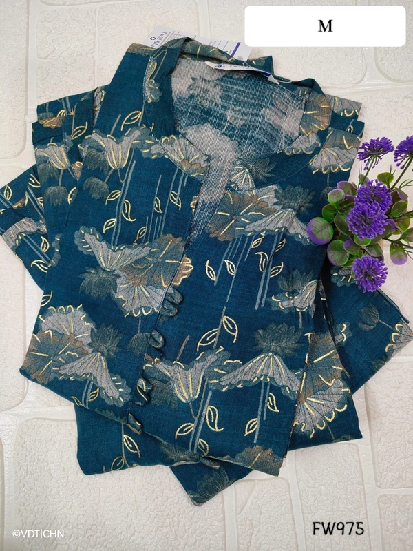 Twill Blue Muslin Kurti With Silver Zari Embrodiery FW975 - M, Blue