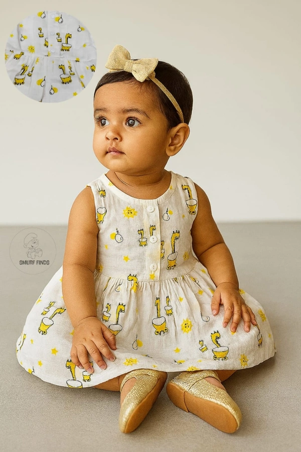 Smurf Finds Muslin Organic Cotton Frock for Baby| Half White | SMMF13805 - 1-2 Yr, Half white
