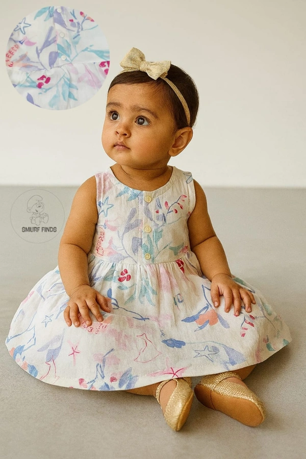 Smurf Finds Muslin Organic Cotton Frock for Baby| Half White | SMMF13807 - 6-9 Month, Half white
