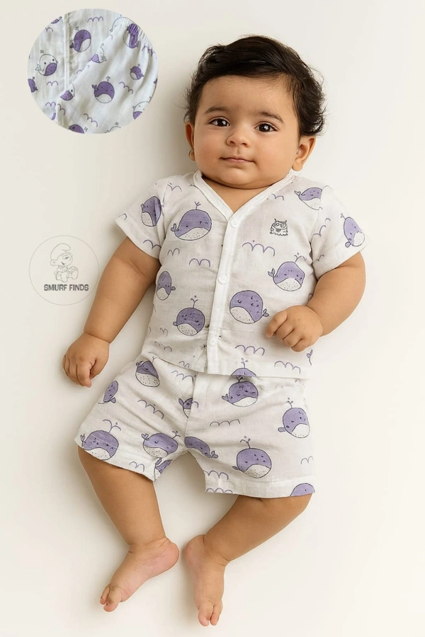 Smurf Finds Muslin Unisex Cord Set| 100% Cotton| Perferct for New Borns|Safe Prints|Pack Contains 1 Tshirt and 1 Bottom| White | SMCD13701 - 9- 12 Month, White