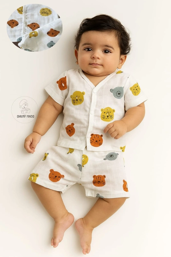 Smurf Finds Muslin Unisex Cord Set| 100% Cotton| Perferct for New Borns|Safe Prints|Pack Contains 1 Tshirt and 1 Bottom| White | SMCD13702 - 9- 12 Month, White