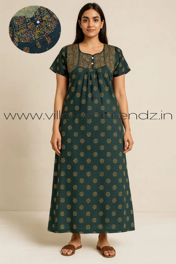 Ruthvi Ethnics Night Gown| Nighty| Button Type| Rama Green | NT190014 - 2XL, Rama Green