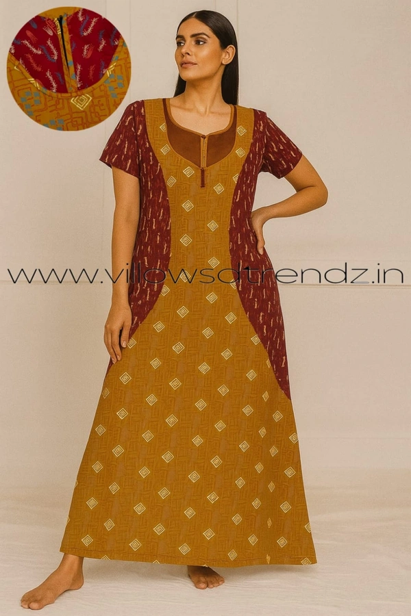Ruthvi Ethnics Night Gown| Nighty| Double colour |Mustered Yellow | NT190018 - 2XL, Mustered Yellow