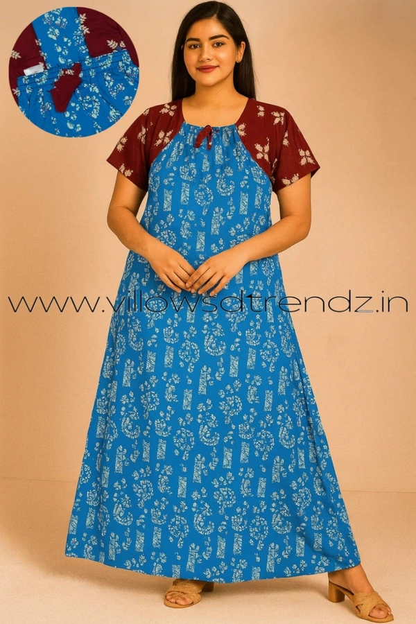 Ruthvi Ethnics Night Gown| Nighty| Elastic | Blue| NT190045 - XL, Blue