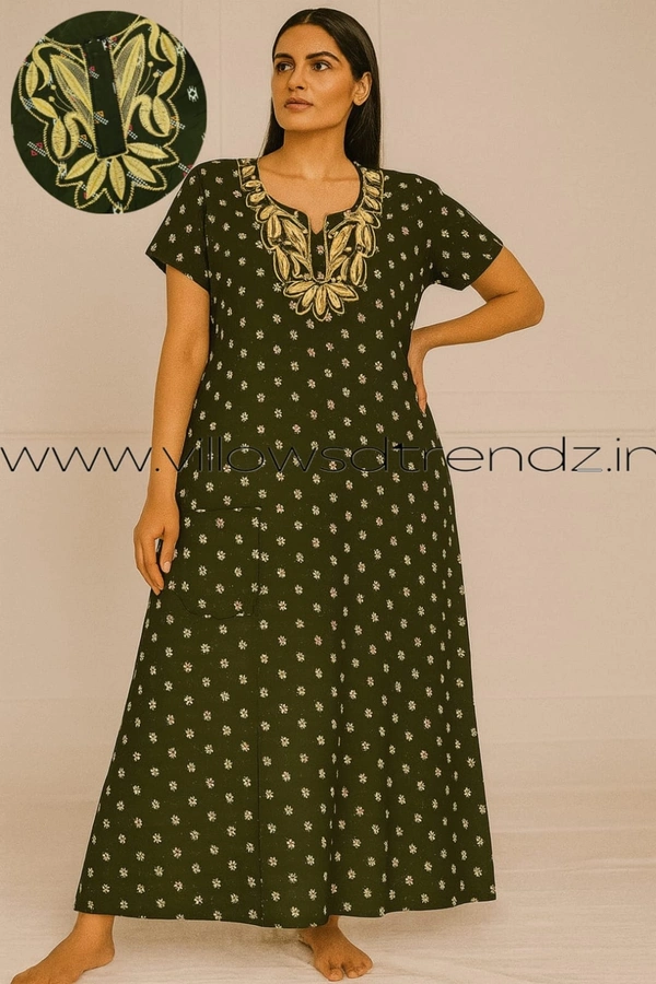 Ruthvi Ethnics Night Gown| Nighty| Embroidery | Green | NT190028 - 2XL, Green