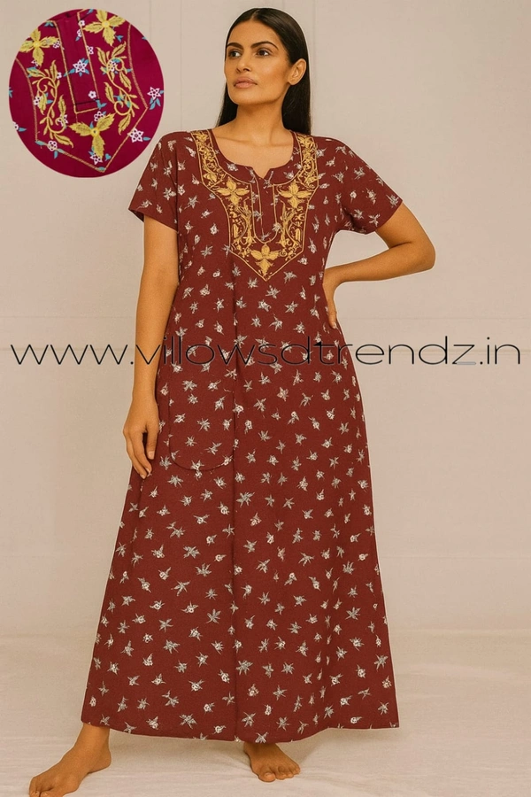 Ruthvi Ethnics Night Gown| Nighty| Embroidery | Maroon | NT190027 - 2XL, Maroon