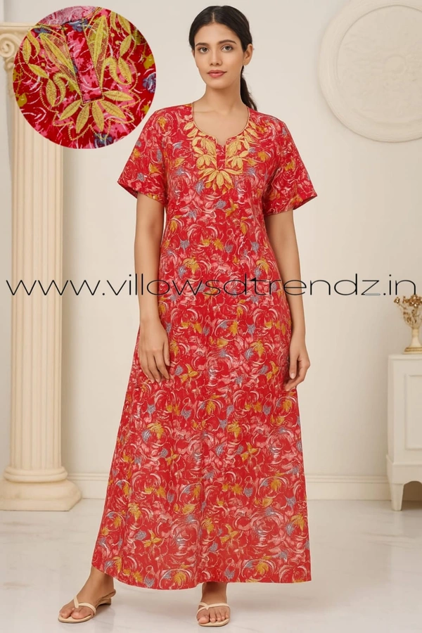 Ruthvi Ethnics Night Gown| Nighty| Embroidery | Red | NT190026 - 2XL, Red