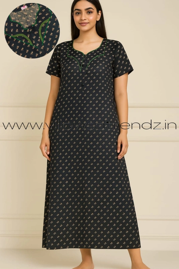 Ruthvi Ethnics Night Gown| Nighty| Piping wIth Zip Model | Black | NT190063 - XL, Black
