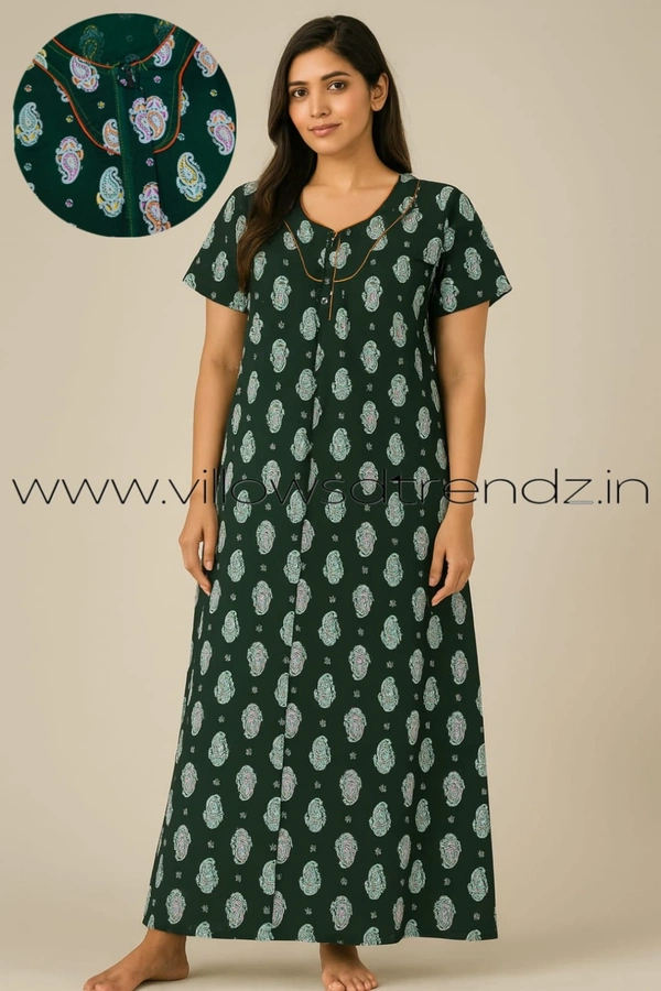 Ruthvi Ethnics Night Gown| Nighty| Piping wIth Zip Model |Dark Green| NT190056 - XL, Dark Green
