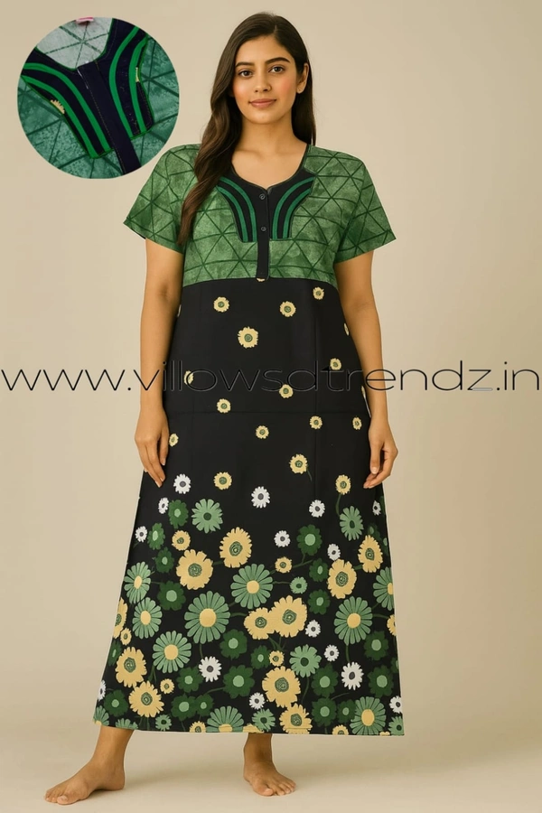 Ruthvi Ethnics Night Gown| Nighty| Piping wIth Zip Model |Green| NT190062 - XL, Green